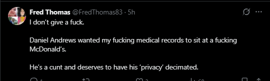 ozcrimenews's tweet photo. So true. The politicians are self serving - only when it suits them. Let's have the update and know what this creepy bastards is going through. After all, the radical left clown demanded an app knowing your medical situation. #springst - #DanielAndrews #AlfredHospital #ALP https://t.co/pqzrkyiE1f
