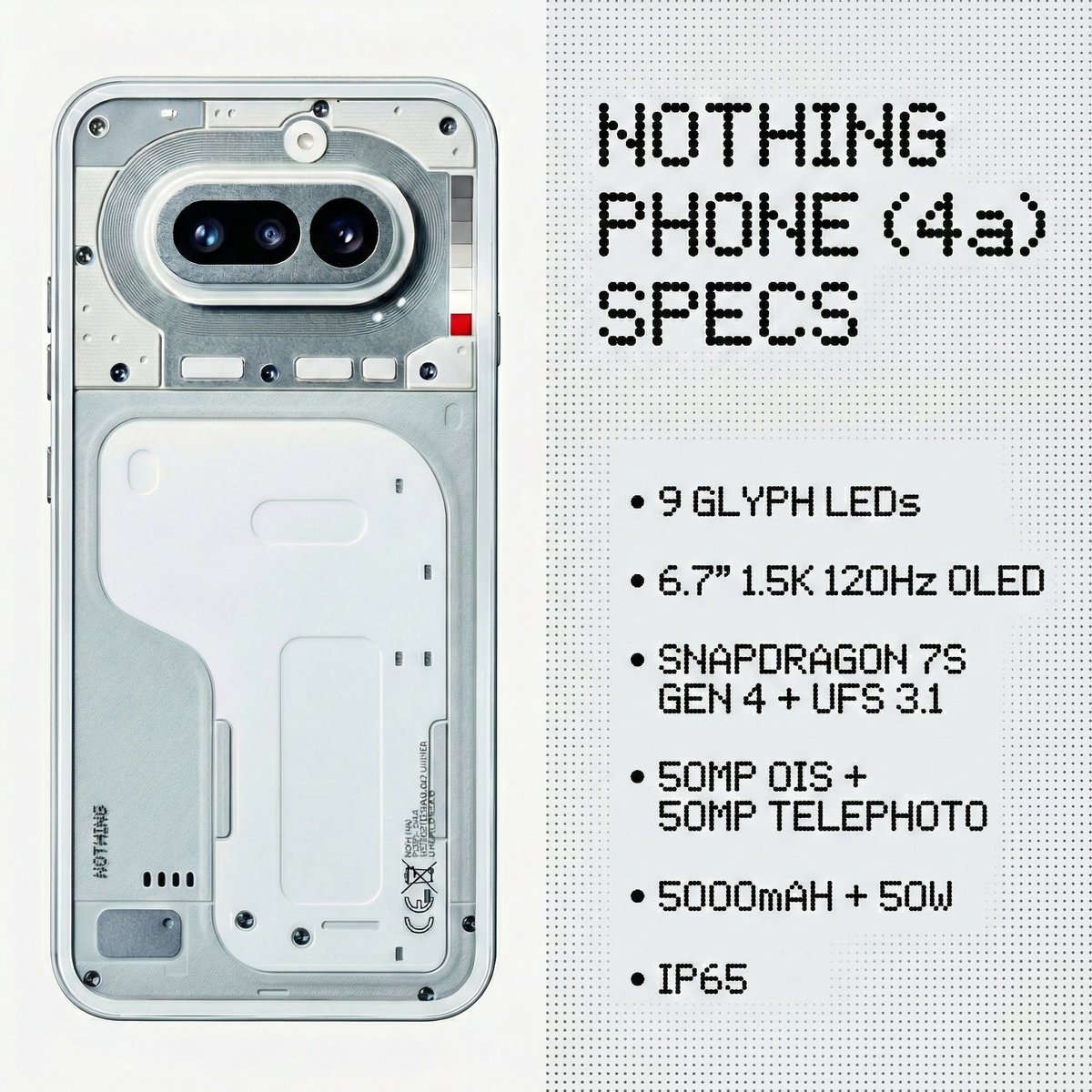 Nothing Phone (4a) spec sheet 👀

• 9 Glyph LEDs
• 6.7” 1.5K 120Hz OLED
• Snapdragon 7s Gen 4 + UFS 3.1
• 50MP OIS + 50MP Telephoto
• 5000mAh + 50W
• IP65

This doesn’t look like “mid-range” anymore.

If pricing stays aggressive… is this the best value phone of 2026? 🔥