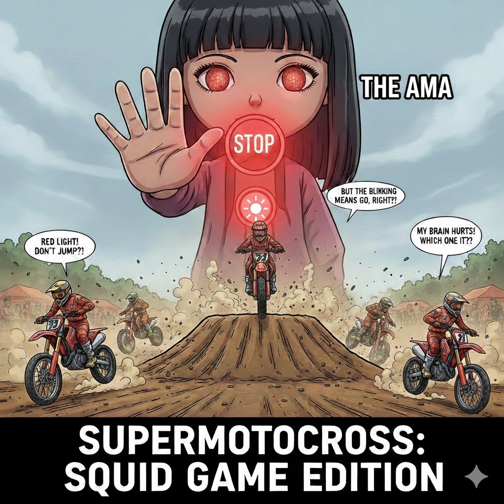 syklum's tweet photo. 👋 @amasupercoss , this ain't squid games, let's keep riders safe by communicating clear rules in writing before races (not after). Your rules also contradict your post-race interpretation and as a matter of policy creates a greater safety risk 👎 #supermotocross  #SMX #SMX2026 https://t.co/Kl47mi04Sj