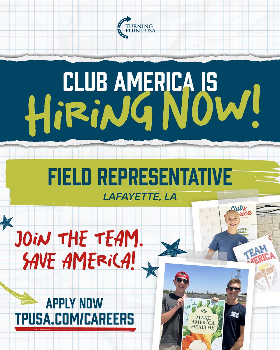 Club America is hiring!! ⭐️

America needs builders - not bystanders
Are you ready to step up and do the work to save America? 🇺🇸

Join Team America. Be part of the movement. ￼

📍Houston
📍Corpus Christi
📍Lafayette

Apply now at tpusa.com/careers