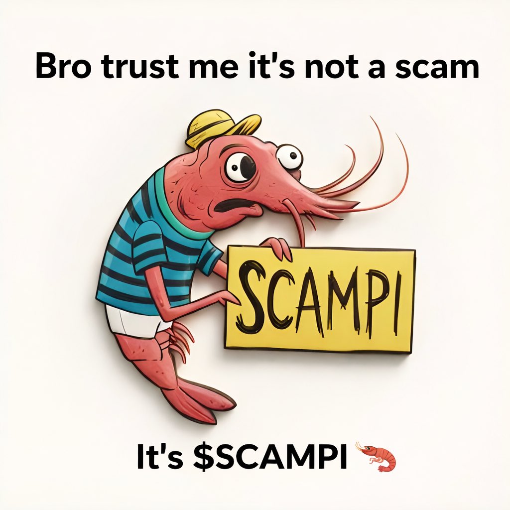 dotkidanna's tweet photo. I told myself no more memecoins in 2026.
Then this $SCAMPI 🦐 shrimp said “trust me bro.”
@Scampi_tech 
#Scampi #memecontest #memcoin #shrimp https://t.co/SncAu7ak51