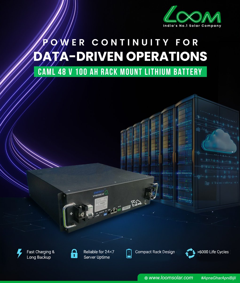 loomsolar's tweet image. When Data Runs, Power Must Not Stop.

CAML 48V 100Ah Rack Mount Lithium Battery
✔ Fast Charging
✔ 24×7 Server Uptime
✔ Modular Expansion
✔ 6000+ Cycles
Instant backup. Zero downtime.

Visit: loomsolar.com
📞 8750778800

#LoomSolar #LithiumBattery #EnergyStorage
