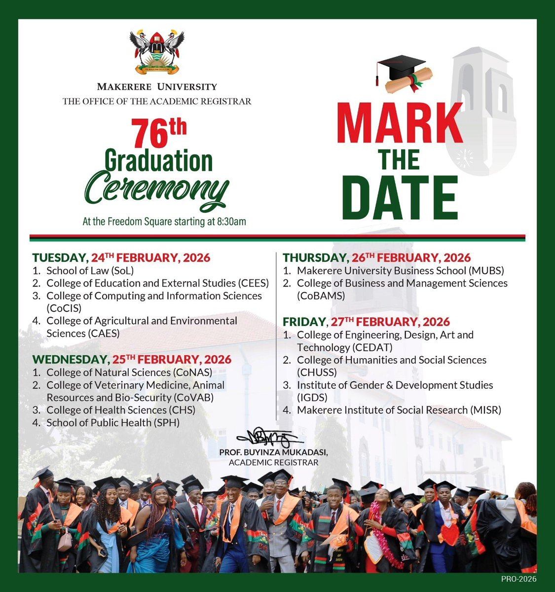 Congratulations to all #Mak76thGrad Graduands!

On Day 1, we celebrate Graduands from <a href="/MakCAES/">Makerere University CAES</a>, <a href="/MakCoCIS/">Makerere University CoCIS</a>, <a href="/MaKCEES/">Makerere University CEES</a> &amp; <a href="/MakerereLaw/">Makerere Law School</a>

Follow live proceedings on: youtube.com/live/wVGPA0FJ9…
