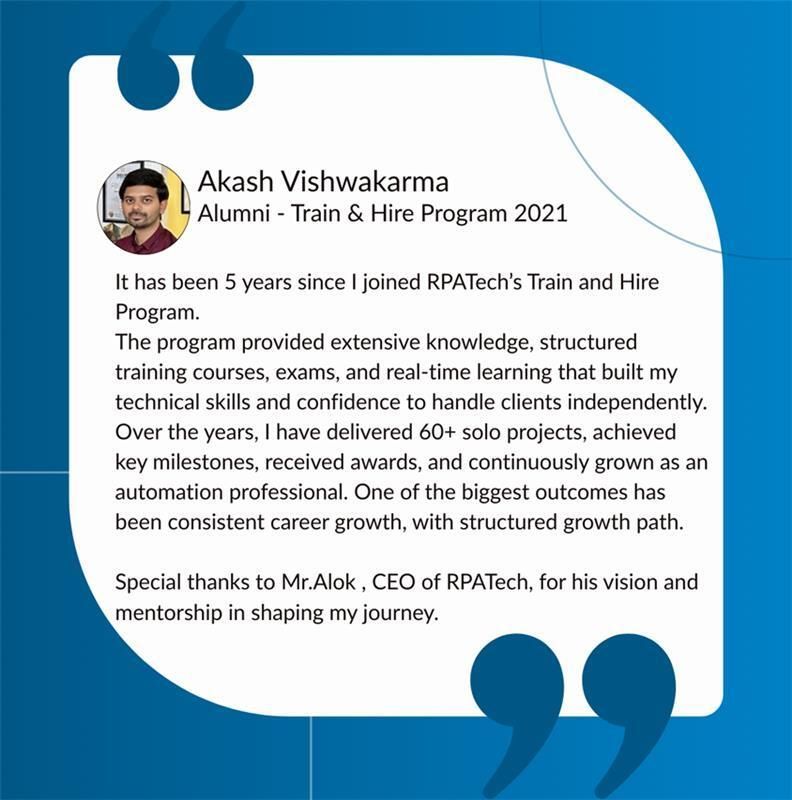Akash was part of RPATech's Batch 1 of the "Train and Hire Program" in 2021. Hear his thoughts on the experience below 👇

Learn more about our Train and Hire Program 2026 - rpatech.ai/free-ai-traini… 

#career #growth #job #train #hire