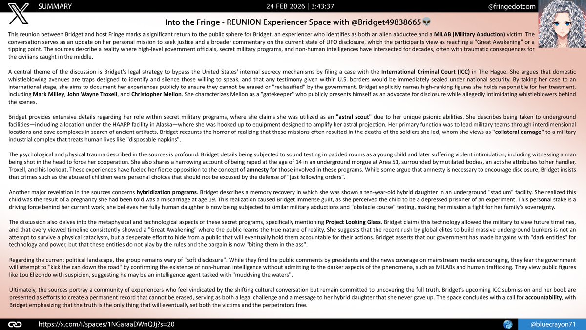 bluecrayon71's tweet photo. Into the Fringe • REUNION Experiencer Space with @Bridget49838665👽 @fringedotcom 🙏

🔗https://t.co/xKzCQoyWsA

#MILAB #Abductions #Disclosure #GreatAwakeningTimeline #AstralScoutMissions #ProjectLookingGlass #HybridChildReality   #StargateCalibrationExperiments https://t.co/aGpSKQyQmi
