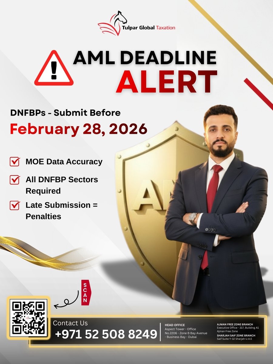 𝗔𝗠𝗟 𝗥𝗶𝘀𝗸 𝗔𝘀𝘀𝗲𝘀𝘀𝗺𝗲𝗻𝘁 𝗗𝗲𝗮𝗱𝗹𝗶𝗻𝗲 𝗔𝗽𝗽𝗿𝗼𝗮𝗰𝗵𝗶𝗻𝗴!
DNFBP Entities: Submit your AML Risk Assessment by Feb 28th, 2026.

• MOET Data Collection
• Applicable to All DNFBP Sectors

Ensure compliance with Tulpar Global Taxation today!

#AMLRiskAssessment