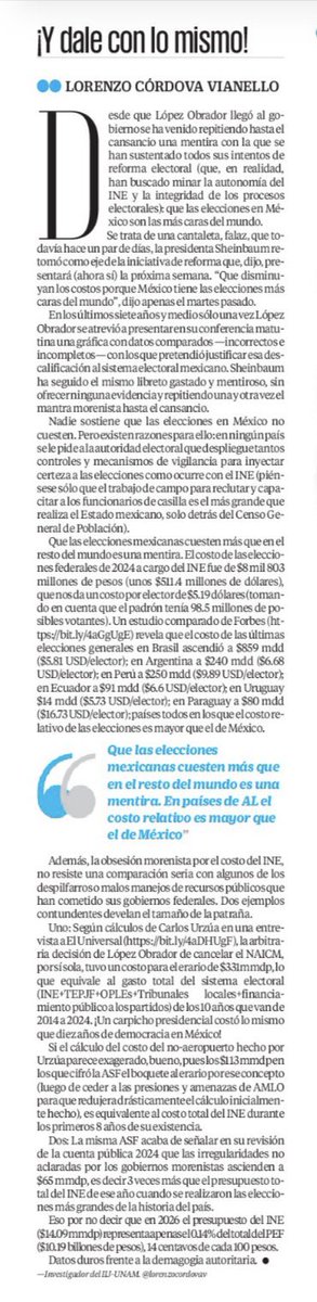 AMLO y Sheinbaum han insistido en una enorme mentira: que el sistema electoral mexicano es el más caso del mundo. Con datos demuestro: a) por qué es falso; b) por qué su costo es insignificante frente al gasto público y c) por qué el mismo palidece frente a sus despilfarros 👇🏻