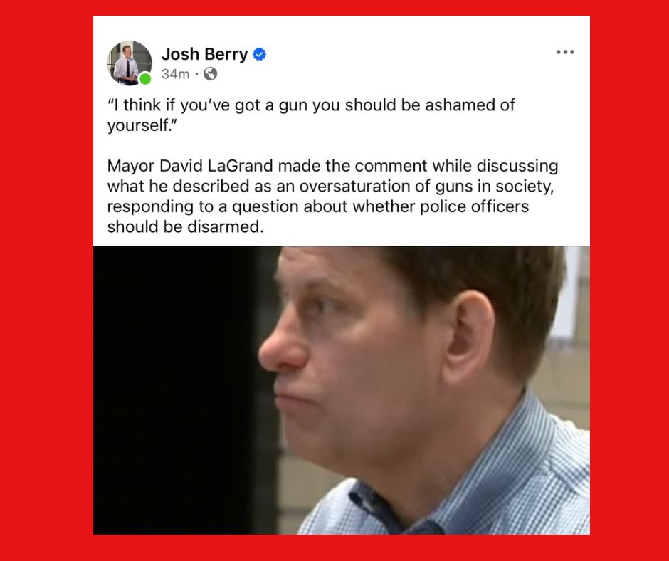 DaveBondyTV's tweet photo. A Fox Grand Rapids reporter posted video of Grand Rapids Mayor David LaGrand saying, “if you have a gun you should be ashamed of yourself.” https://t.co/iO20Wm2HSv
