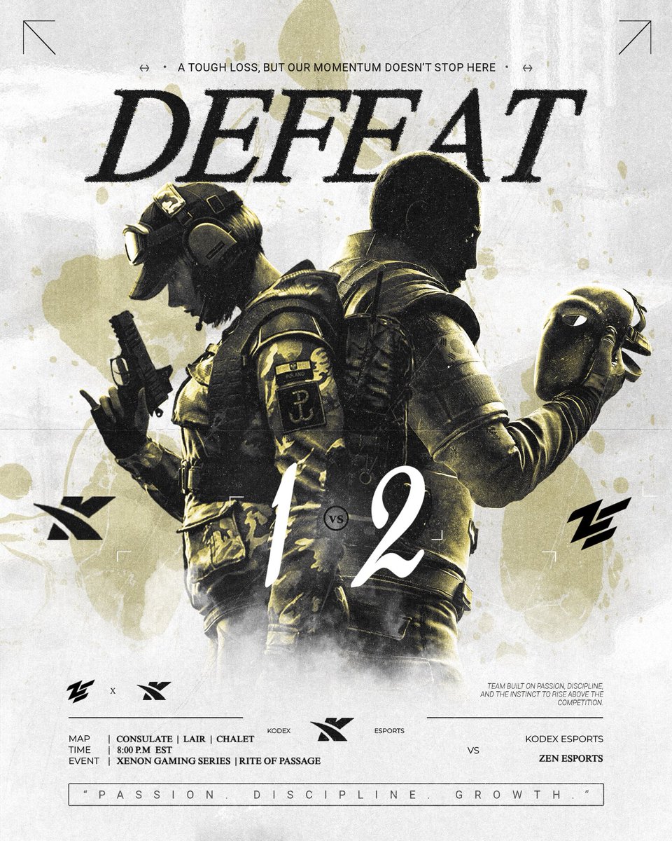XGS - Rite of Passage | Match #1: 1-2
GGs to <a href="/ZenEsportsHQ/">Zen eSports LLC.</a> 

Learned a lot from this one. We’ll be back stronger and more prepared.
Looking forward to our next match this Friday. 

#KXWIN | #KodexEsports | <a href="/XenonGamingGG/">XGS</a>