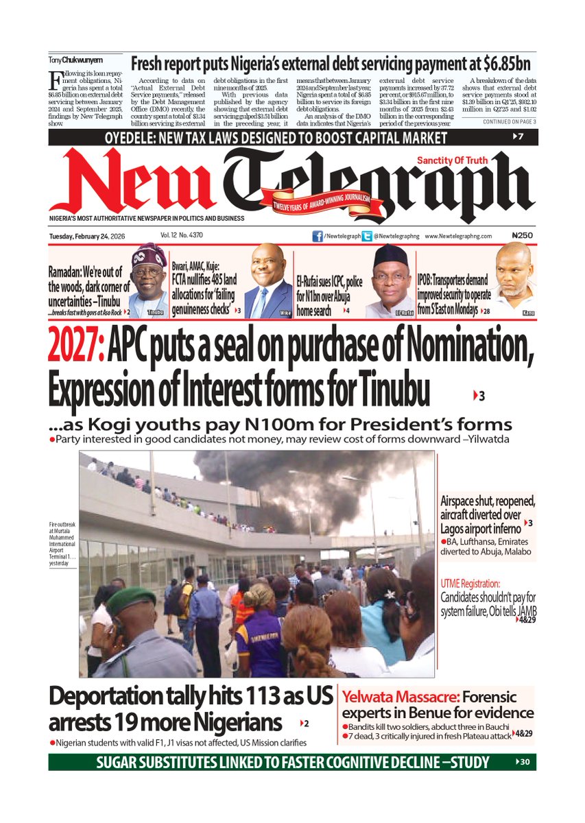 NewTelegraphNIG's tweet photo. 🗞️ https://t.co/JIN1tJTrr2

Tuesday’s headlines are live. The week is picking up speed, and Nigeria’s biggest stories are driving the conversation. Stay engaged. Stay alert. Stay informed.

#NewTelegraph #NigeriaNews #Headlines #TuesdayMomentum #FebruaryUpdates #NaijaUpdates #BreakingNews #StayInformed