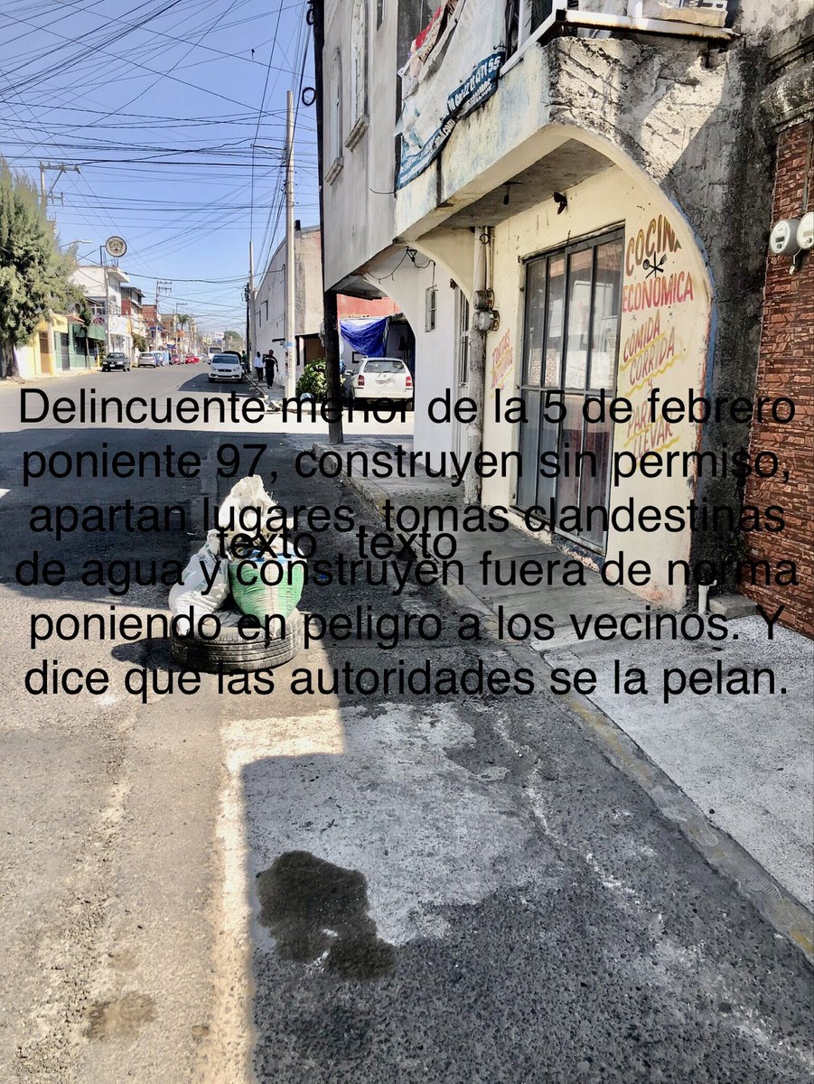 La delincuencia se inicia desde el gandalla que cree que merece más que los demás y para muestra un botón, todos los delincuentes se creen con el derecho bloqueo de calle con llanta y costales de escombro <a href="/InfraPue/">Secretaría de Movilidad e Infraestructura</a> <a href="/PueblaAyto/">Puebla Gobierno de la Ciudad</a> EN SAN FELIPE HUEYOTLIPAN <a href="/PresidenciaH/">Presidencia Auxiliar San Felipe Hueyotlipan</a> <a href="/Presi_Sanfe/">Presidencia Auxiliar San Felipe Hueyotlipan</a>
