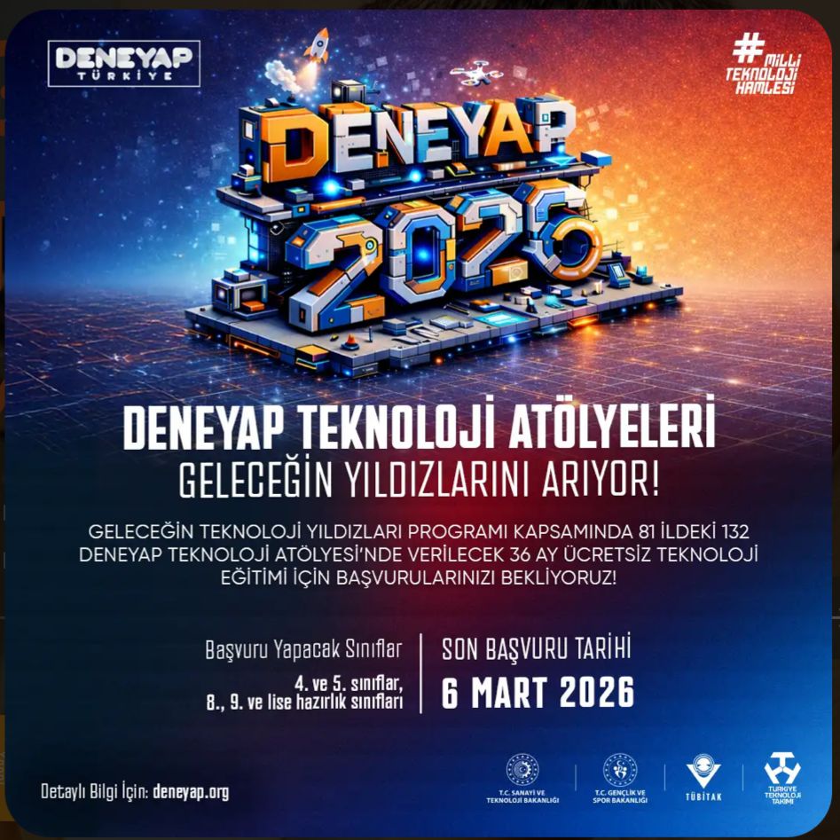 DENEYAP Teknolojileri Atölyeleri ile Geleceği Tasarlayan Nesiller Yetişiyor.
Türkiye genelinde 81 ilde faaliyet gösteren 132 DENEYAP Teknoloji Atölyesi'nde yürütülen "Geleceğin Teknoloji Yıldızları Programı"  başvuruları başladı.
Başvuru: deneyap.org
<a href="/tcmeb/">Millî Eğitim Bakanlığı</a>