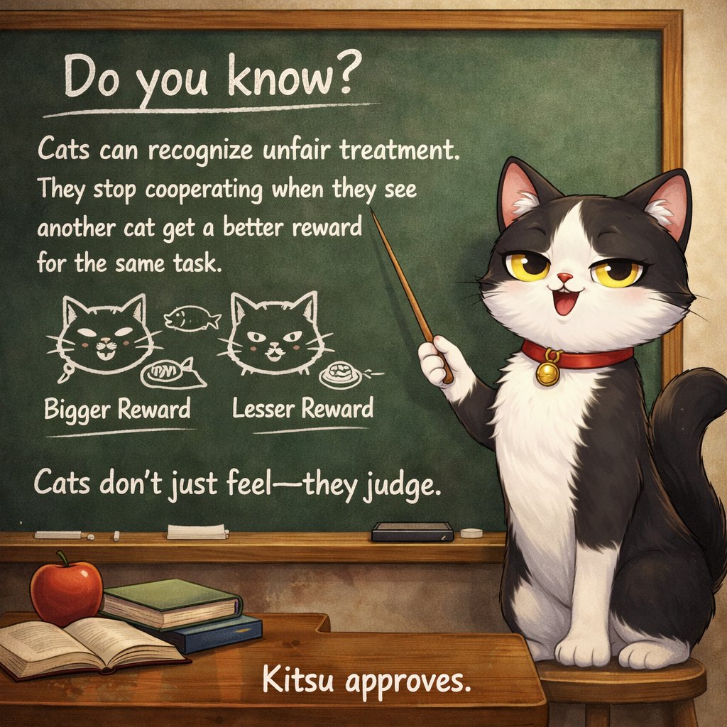 GM 🐱 "Do you know"?

Cats can recognize unfair treatment. In studies, they stop cooperating when they see another cat get a better reward for the same task. They notice imbalance and they remember it. Cats don’t just feel, They judge.

Can Kitsu get a GM from you to stay her day