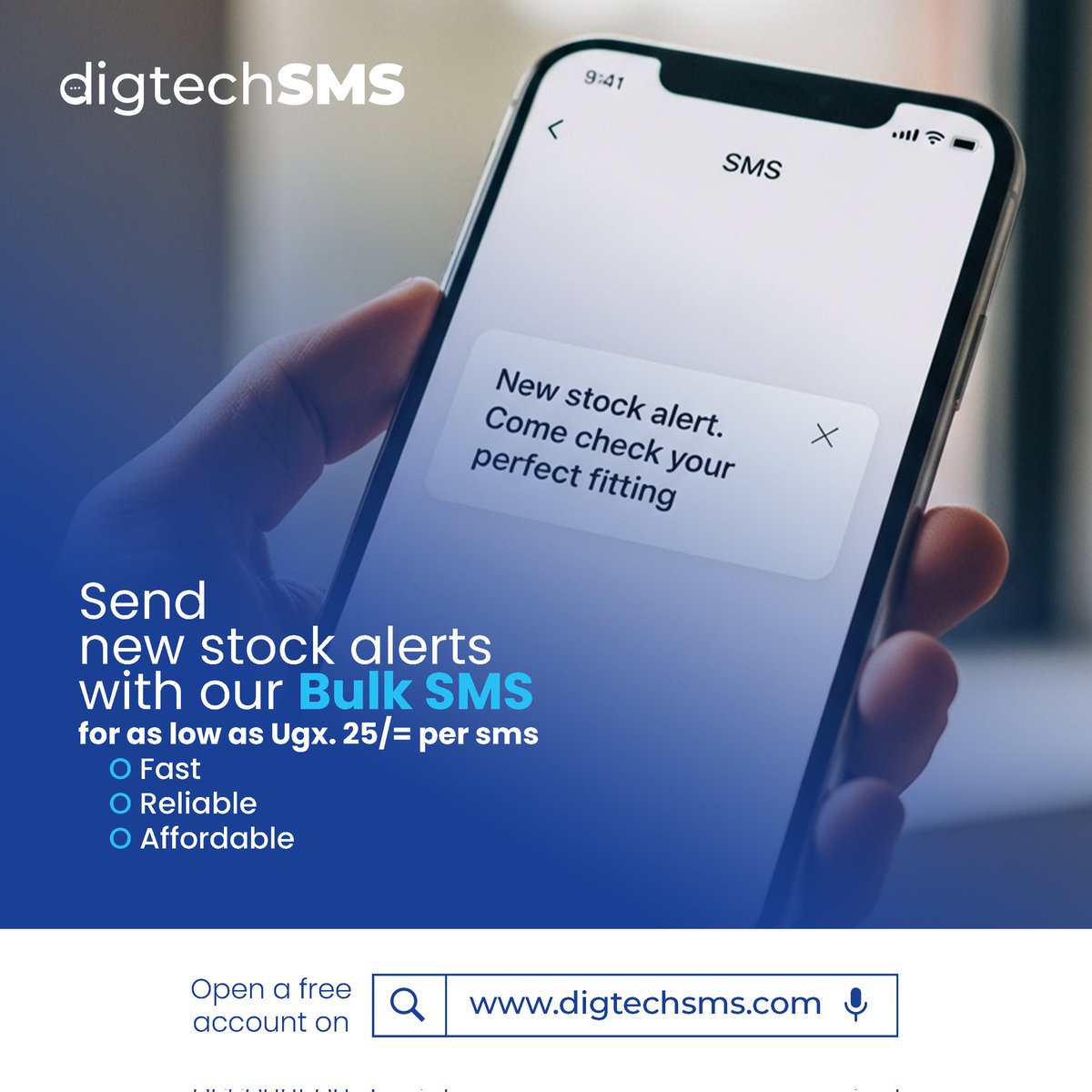 Digtech1's tweet photo. Send instant new stock alerts in a single click. With Digtech SMS, the most convenient bulk SMS provider in Uganda, you can reach your customers via SMS at affordable rates. Open your free account today and start sending immediately.
.
.
.
#BulkSMSUganda #DigtechSMS #SMSMarketing https://t.co/lEq8DF5lm4