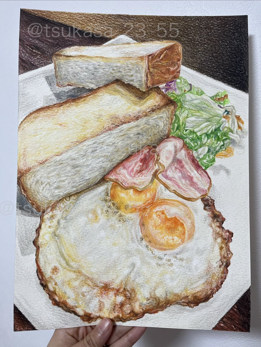 tsukasa_23_55's tweet image. 爪は深爪派です
出来ました！
久しぶりの色鉛筆画
『いつかのモーニング』

#色鉛筆画 #食べ物イラスト 
#coloredpencildrawing