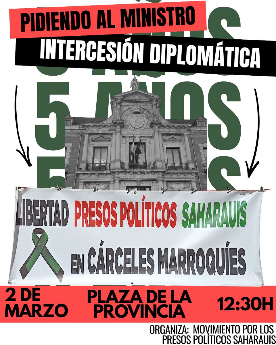 El lunes 2 de marzo se cumplen 5 años de concentraciones semanales ante el Ministerio de Exteriores para dar a conocer a la opinión pública la situación de los presos políticos saharauis en cárceles marroquíes y para pedirle al ministro que asuma su responsabilidad con el pueblo
