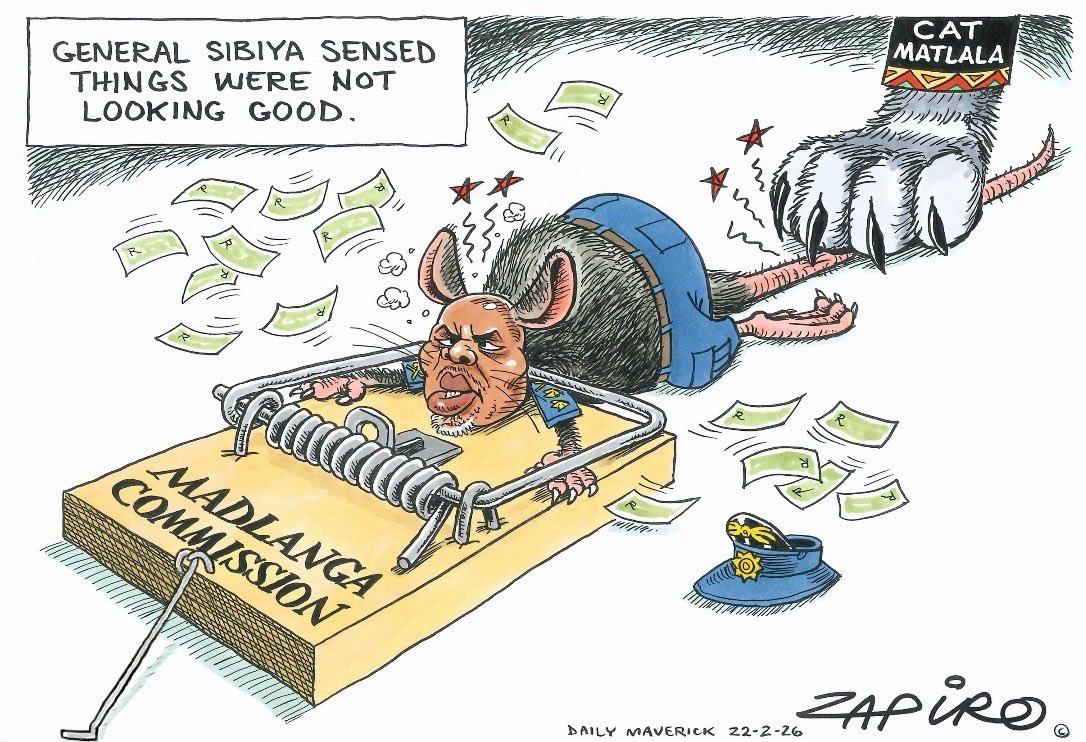 zapiro's tweet photo. Zapiro cartoon published on @dailymaverick (23 February 2026) on Double Bind #MadlangaCommission https://t.co/1XwmO8hsri