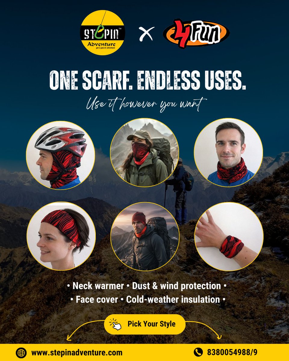 StepinAdventure's tweet photo. ONE SCARF. ENDLESS USES. 🔥🏔️

From mountain trails to bike rides, from cold winds to dusty roads — your 4Fun multifunctional scarf is the only companion you need.

https://t.co/Pff1mdOUnq
📞 Call / WhatsApp: 8380054988 / 8380054989

#StepinAdventure #4Fun #MultifunctionalScarf https://t.co/rbeLh96Ukd