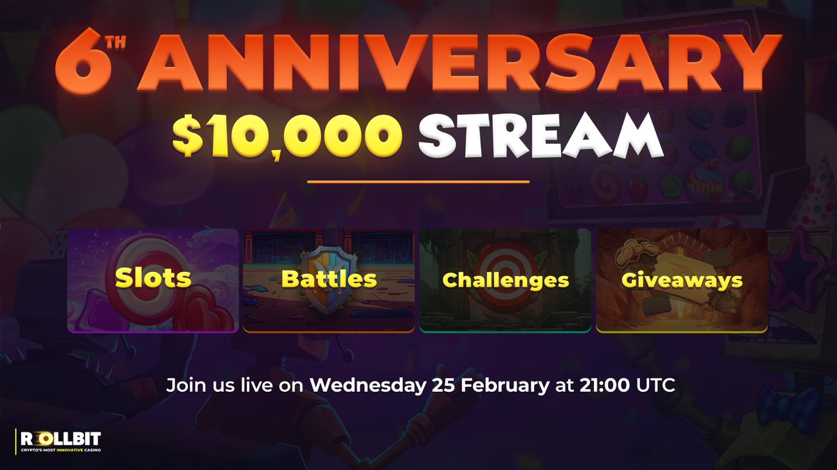 A special day deserves a special event! 🎂

Join us live on Wednesday at 21:00 UTC to celebrate Rollbit's 6th Anniversary with a $10,000 stream! 

You can expect:
⚔️Bonus Battles | 🤖NFT Spins
🎰Bonus Buys | 🎯Challenges | &amp; much more!

Visit our Discord for more information.