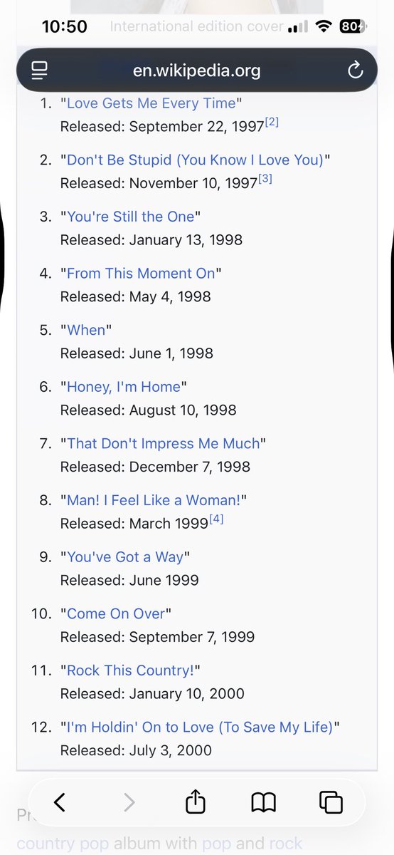 RealAllyCat's tweet photo. @headtaybrina Next time, show her this single lineup from Come On Over by Shania Twain. Album released in November 1997 https://t.co/qijkZcqkvg
