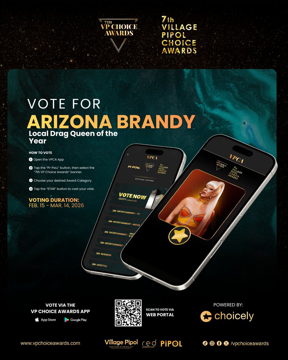 PIPOL, cast your vote now for <a href="/arizonabrandy/">Arizona “Odasha is the Best” Brandy</a>  as #7thVPChoiceAwards – Local Drag Queen of the Year.

Show your full support by voting daily via the VP Choice Awards App or through the Web Voting Portal, powered by <a href="/choicelyapp/">Choicely</a> .

📲 FREE votes every 8 hours
📲 Premium votes