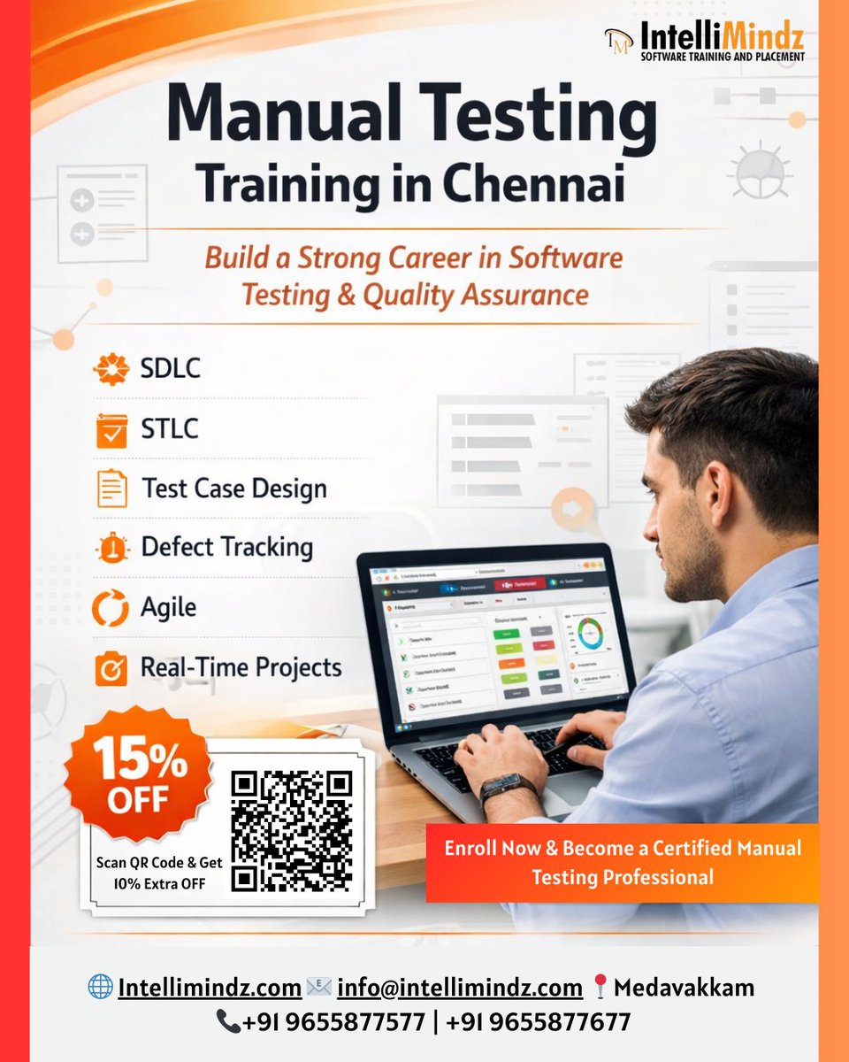 intellimindz_in's tweet photo. 🔎 Manual Testing Training in Chennai – IntelliMindz
Master SDLC, STLC &amp; defect tracking with real-time projects.

📍 Medavakkam, Chennai
📞 +91 9655877577 | +91 9655877677
🌐 https://t.co/IhpwgFwY2L

#ManualTesting #SoftwareTesting #QATraining #TestingCourse #Chennai #Medavakkam https://t.co/9aB5fjueb8