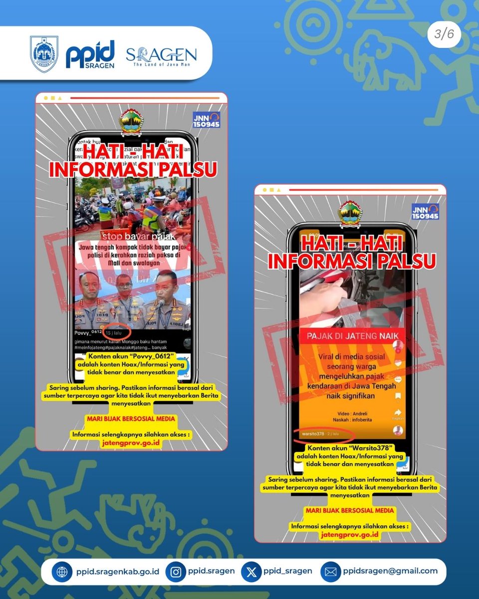 PART I

HOAKS SEPUTAR PAJAK

🚫 #SobatPPID beredar berbagai informasi menyesatkan terkait pajak kendaraan bermotor di media sosial. 
Pastikan selalu mengecek kebenaran informasi sebelum membagikannya. 
📌 Jangan mudah percaya
📌 Cek sumber resmi 
📌 Bijak bermedia sosial 

#hoaks