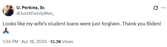 dashwend's tweet photo. @PatrickHenry_II @JustAFamilyMan_ @amuse @grok Eh, he didn't have a problem when Biden usurped the role of congress to forgive studen loans, so it's a not a principled stance. https://t.co/f4cbSuQWtB