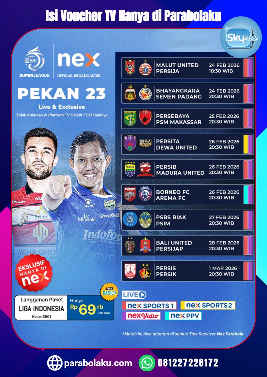 Saksikan Pekan 23 BRI Super League! Pastikan paketmu aktif biar nonton full match tanpa drama. ⚽🔥
Info &amp; order di :
🤖 WA AI Agent (Respon Instant) : wa.me/6287838575758
👩‍💼 WA CS &amp; Sales (Bantuan Manual) : wa.me/6281227228172
🌐 Kunjungi kami : parabolaku.com