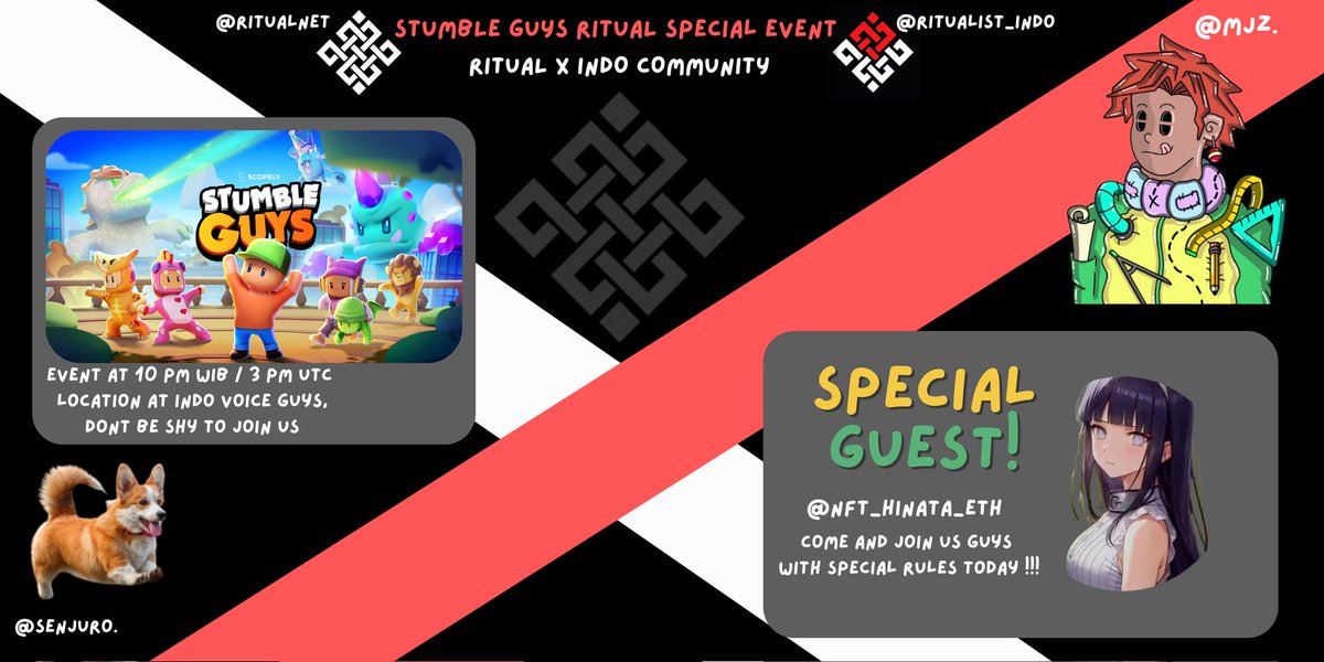 STUMBLE GUYS SPECIAL EVENT 

Dont forget to join guys at 10 pm Wib/3 Pm in Utc  , there will be special guest and special Rules , come and have fun together, See you guys 

<a href="/Bas_Basterx/">Baster (❖,❖)</a> <a href="/t9ruby/">rubi (❖,❖)</a> <a href="/linhlambo/">Linhlambo (❖,❖)</a> <a href="/Linazhou5542/">Lina./</a> <a href="/Vans_1611/">Vans (❖,❖)</a> <a href="/SuperSkyzee/">Skyzee (❖,❖)</a> <a href="/kuora0x/">Kuora (❖,❖)</a> <a href="/ritualnet/">Ritual</a> <a href="/Ritualist_Indo/">Ritual Indonesia</a>