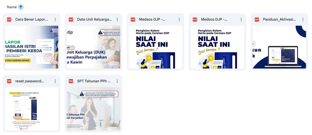 Barang kali ada yang butuh info per core tax an.
Bisa ke link ini ya. Isinya bangak bet dah. Tutorial tutorial.

Semoga bermanfaat! Makasi DJP!

drive.google.com/drive/folders/…