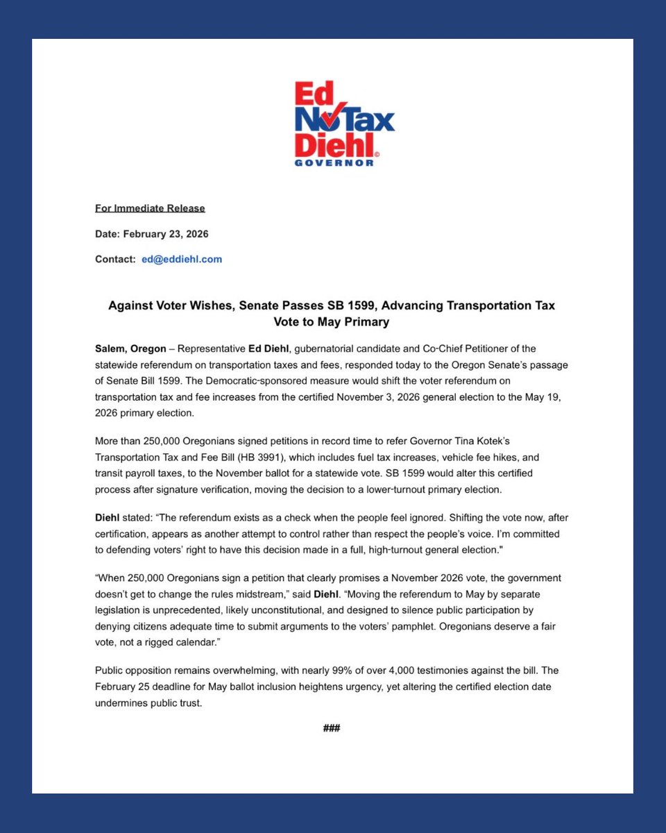 🚨 The Oregon Senate has just passed SB 1599, defying the clear will of over 250,000 petitioners by moving the referendum on transportation tax and fee increases from the November general election to the lower-turnout May primary.

This move, after certification, undermines