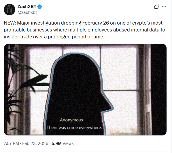 Leon_Defi's tweet photo. GM,

Onchain investigator @zachxbt announces he will expose a major company in the cryptocurrency industry for long term insider trading.

The community predicts the project to be exposed is likely @MeteoraAG with a probability of up to 40% on prediction platforms.

Meteora is accused of being the mastermind behind the two popular memecoins that have dropped by -99%: MELANIA and LIBRA.

Its business nature may have the following vulnerabilities:

> Staff get real-time peeks at trades, front-running big moves.

> Dynamic vaults and AMM pool data can be used to predict price changes.

> Team members in on meme mints could trade on hidden info.

And I see the market has already reacted to that:

> $BTC dropped to $62.8k
> $ETH dropped to $1,809

People are fearing that this will trigger a domino effect of collapse on similar projects.