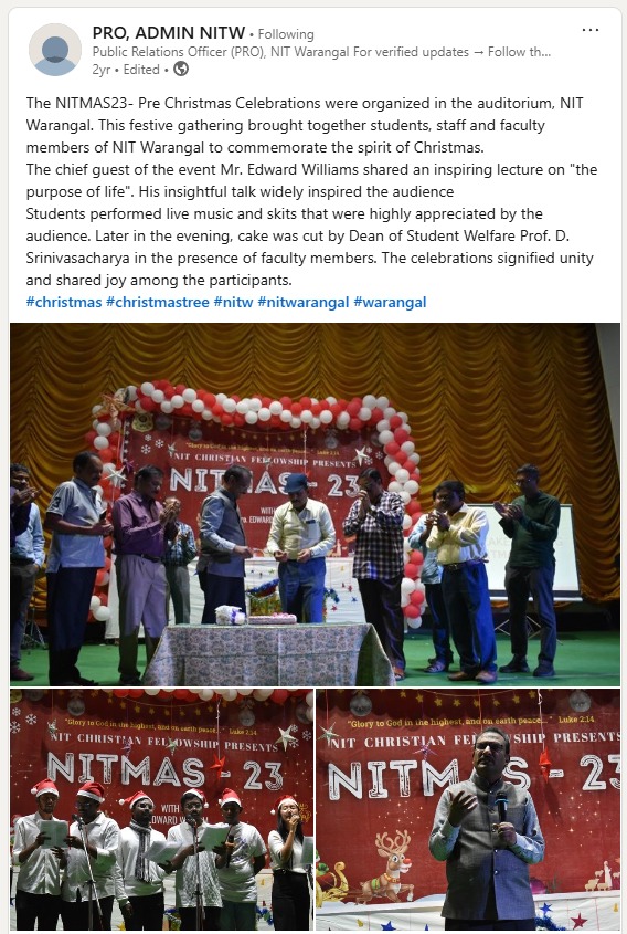 shashidhar147's tweet photo. Shocking High-handedness at NIT Warangal!
Gross Double Standards!.
@nitwarangal  provides dedicated rooms for Namaz & supports Christian forums, yet stalls a 15-min #HanumanChalisa. Students threatened with rustication & PhD scholars intimidated via supervisors. Phones confiscated for practicing their fundamental rights!
We strongly condemn the action of Director.This hurts Hindu sentiments & violates Art 25. VHP stands with the students. The responsibility for any further distress or consequences lies squarely with the university administration.We demand the immediate removal of the Director.
@narendramodi
@AmitShah @PMOIndia @VHPDigital @HMOIndia
 @dpradhanbjp @EduMinOfIndia
@ABVPTelangana @ANI @PTI_News @VHPTelangana 
@drskj01 @vinod_bansal @VijayVst0502 @AmitoshPareek