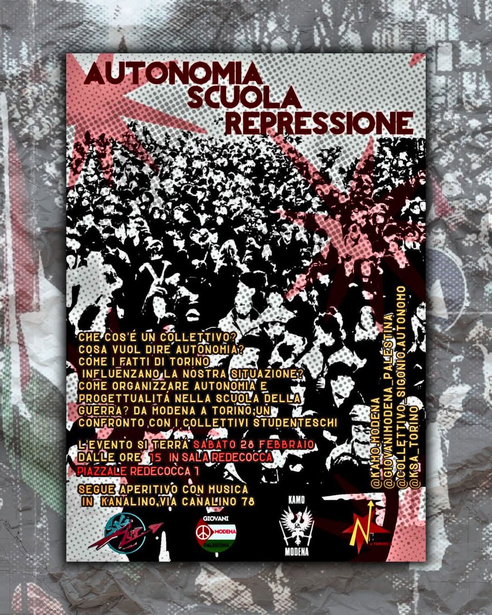 ModenaKamo's tweet photo. Un momento di discussione e formazione organizzato dai Giovani di Modena per la Palestina e dal Collettivo autonomo Sigonio rivolto a tutti gli studenti e giovani modenesi...
Sabato 28/2 dalle 15
Ci vediamo a Modena,in Sala Redecocca, p.zza Redecocca 1.

https://t.co/8atwyzKggZ https://t.co/g7aOsn1SLN