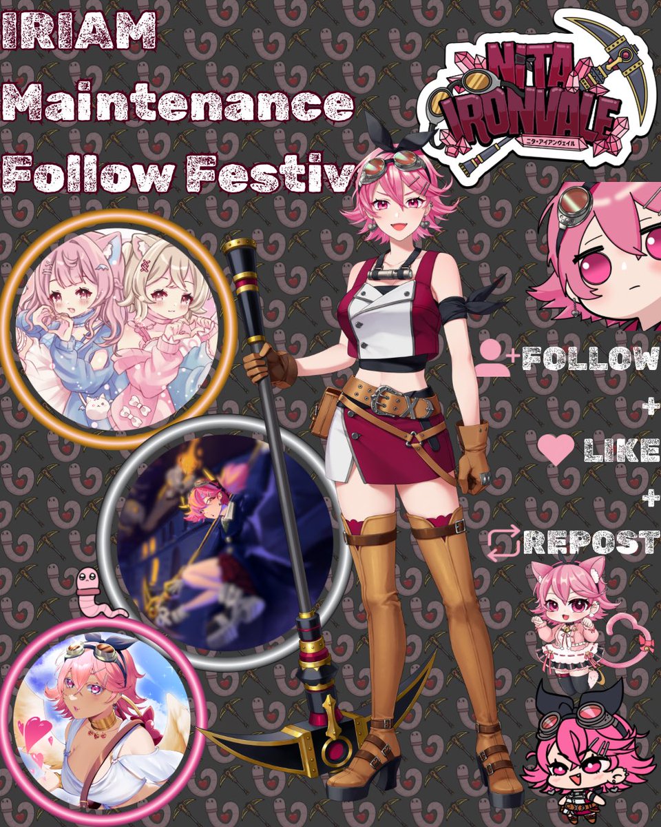 I’m Nita Ironvale, IRIAM’s chaotic tinkerer and worm enthusiast!😤
Join my streams for:

⛏️Yapping, Karaokes
🪱Oshi talk
⛏️Crafting + Coworking
🪱Girlfailing
⛏️Handcams, TCG card openings

#IRIAMMaintFollowFest
#IRIAMメンテ中のフォロー祭り