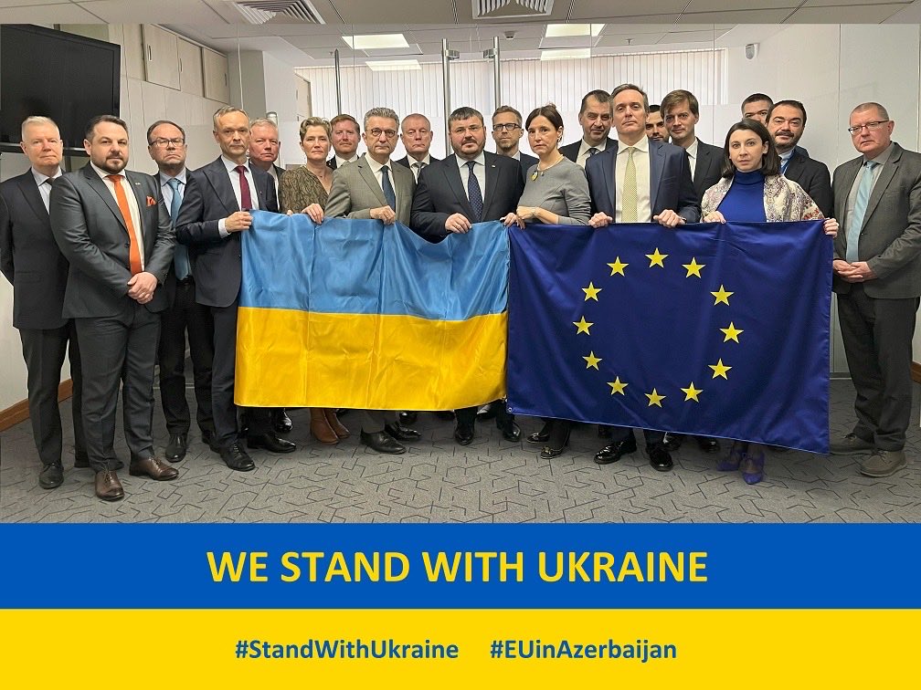 EU Ambassadors in Azerbaijan stand united with Ukraine 🇪🇺🤝🇺🇦. After four years of war, 2026 must be the year the aggression on Ukraine comes to an end!

#StandWithUkranie 
<a href="/UKRinAZE/">UKR Embassy in AZE</a> <a href="/Husyev/">Yuriy Husyev</a>