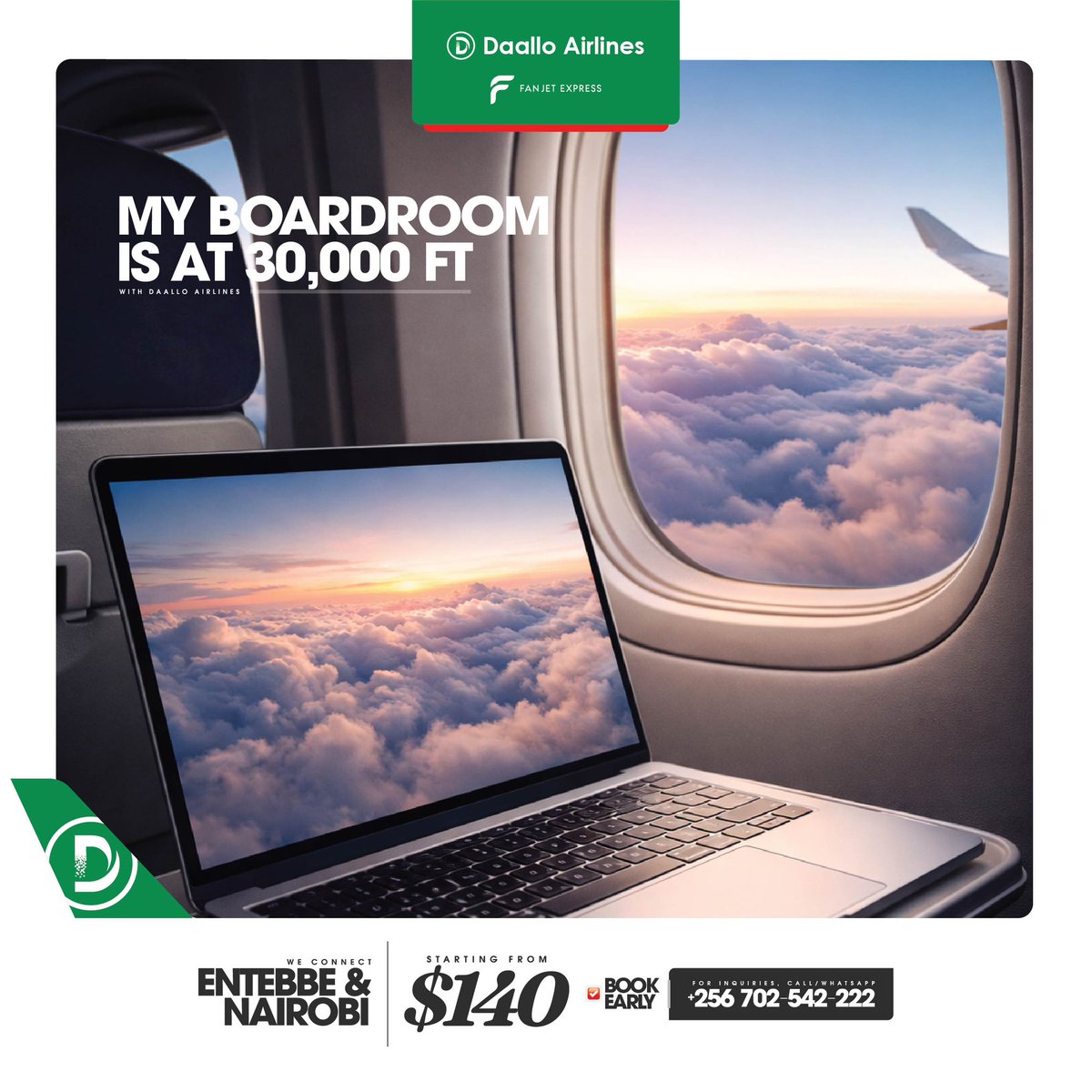 Business talks, cloud-level views ✈️
This is how work moves.

📞 0702542222
Fly Daallo.

#FlyDaallo #DaalloAirlinesUG #FanjetExpress