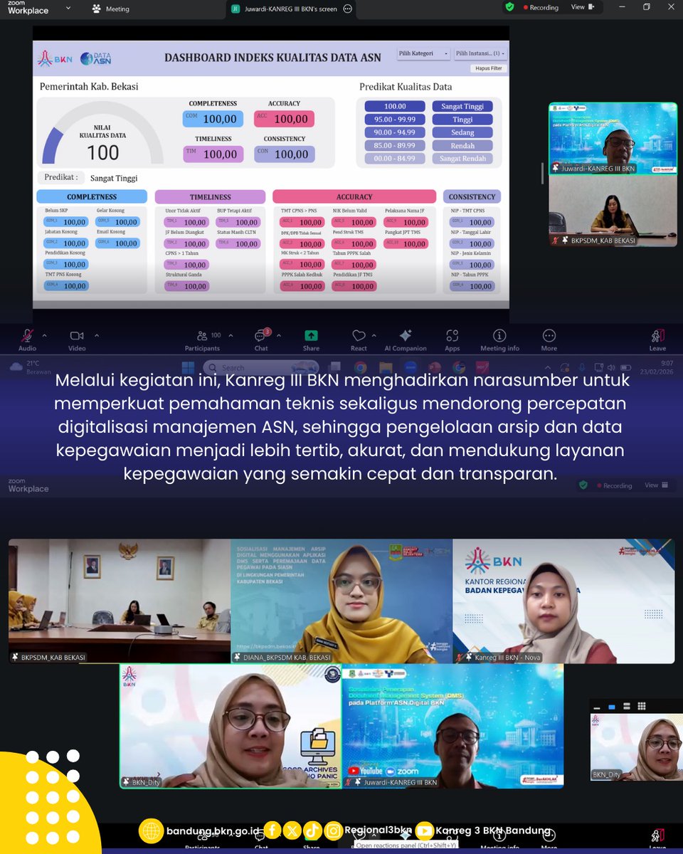 regional3bkn's tweet photo. Kanreg III BKN bersama BKPSDM Kabupaten Bekasi dan Direktorat Arsip Kepegawaian BKN menggelar Sosialisasi Manajemen Arsip Digital melalui DMS-SIASN serta Peremajaan Data Pegawai pada SIASN yang diikuti 100 pengelola kepegawaian.
#KanregIIIBKN #BKN #SIASN #DigitalisasiASN https://t.co/BWxY5JRCYv
