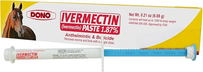 ***IVERMECTIN PASTE DOSAGE***
The concentration in the horse paste is 1.87%. That means there are 18.7 mg of Ivermectin per 1 gram of paste.

For example, a standard 6.08-gram syringe contains 113.7 mg of Ivermectin in total (6.08 x 18.7)

There are 27 lines/grooves on the
