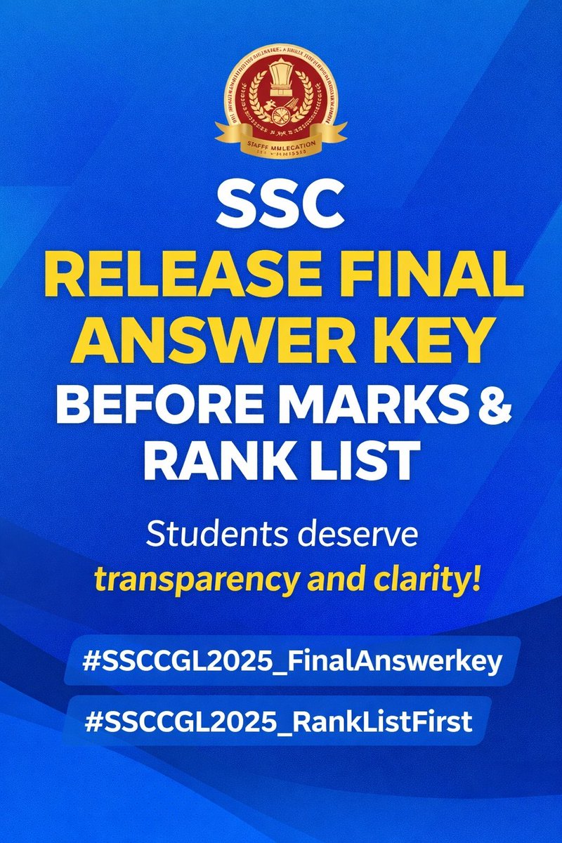 smil88281's tweet photo. SSC should ensure fairness by releasing the Final Answer Key before marks and rank list. Candidates deserve transparency and trust in the process. 
#SSCCGL2025_FinalAnswerkey #SSCCGL2025_RankListFirst 
@SSC_GoI 
@DrJitendraSingh 
@RajatpandeyJF 
@abhinaymaths https://t.co/f2qLj5HqZY
