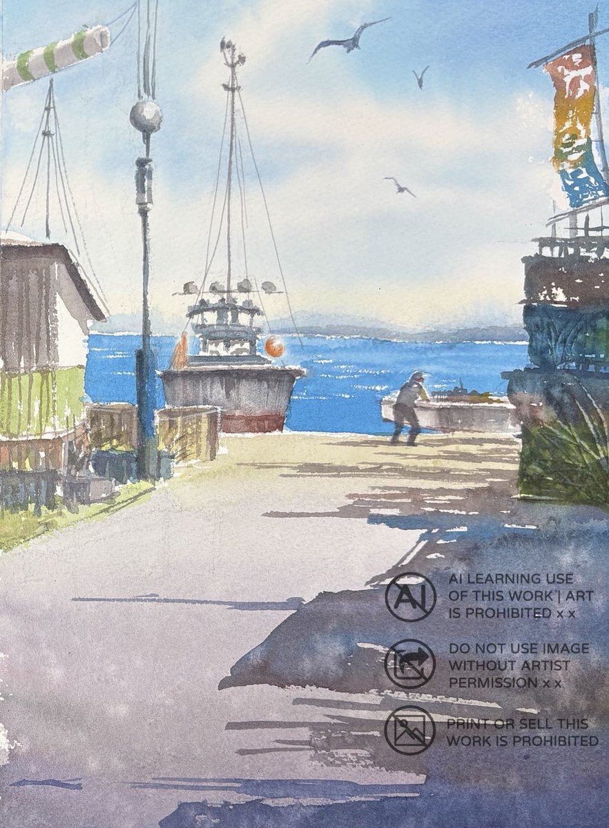 #赤坂孝史 先生講座課題で描いた、三浦半島津久井浜の情景。奥のおじさんがお気に入り。 #watercolor #aquarelle #透明水彩 #水彩画 #風景画