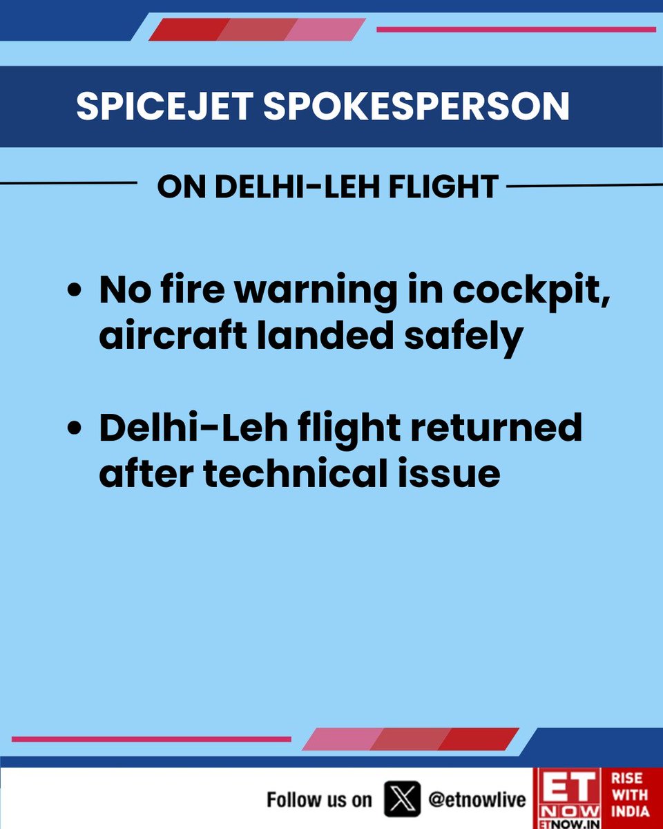 ETNOWlive's tweet image. Spicejet Spokesperson says there was no fire warning in cockpit, aircraft landed safely

@flyspicejet  #Aviation #DelhiLeh #TechnicalIssue #AirSafety