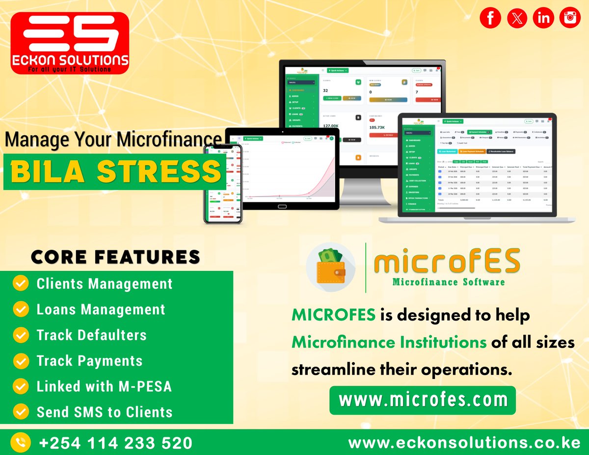EckonSolutions's tweet photo. Manage your MICROFINANCE bila stress with #microfes
For more details -> https://t.co/kX2VbPDNiR
Get Started Today.
This is a product of ECKON SOLUTIONS LTD.
https://t.co/mNlEkgSLFw

#software #microfinance #microfinancesoftware #loansmanagement #eckonsolutions https://t.co/kihbJCZqtA