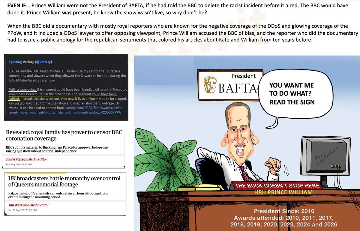 byetwit's tweet image. "#Context
BAFTA wasn't live 
#PrinceWilliamIsABully is president of BAFTA and the .@BBC has a history of bowing to the #RacistRoyals demands 

So, WHY DIDNT #PrinceWilliamIsAFraud take that FIRST step and make sure it wasn't aired..THAT is the least he could do