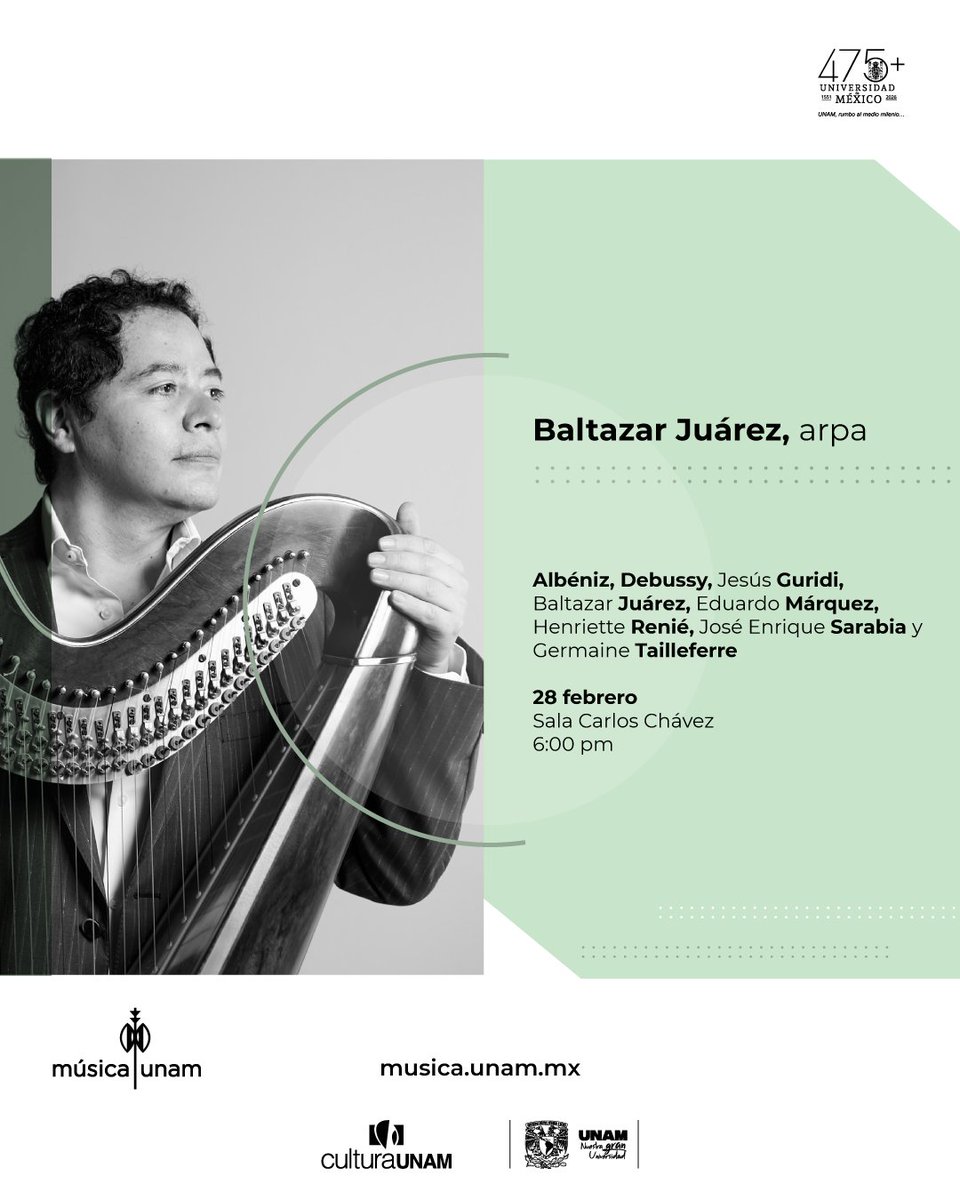 musicaunam's tweet photo. En este programa Baltazar Juárez reúne obras para arpa sola de distintos periodos y prácticas musicales.

Sábado 28 febrero | Sala Carlos Chávez | 6:00 pm
• Más información: https://t.co/RbpAIi91Pi
• Adquiere boletos en línea y aquí: https://t.co/qGXDB2AUtA

#MúsicaUNAM #CulturaUNAM