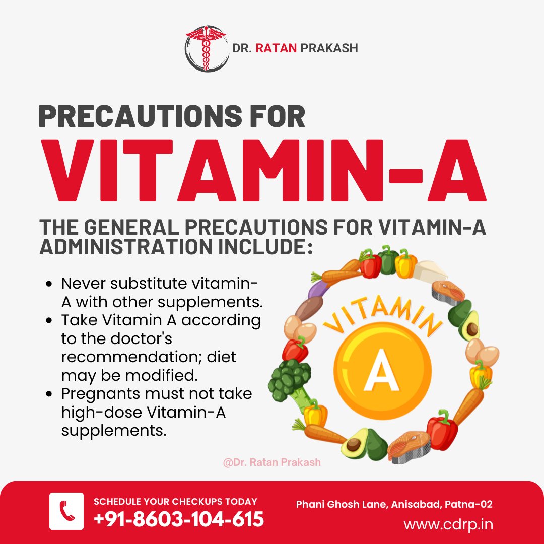 ratan_clinic's tweet photo. Vitamin A is essential for vision and immunity, but it must be taken carefully.
☎+91-9430-829-175
🌐https://t.co/6HLcmXF1Qn
#VitaminA #HealthPrecautions #SafeSupplementation #DoctorAdvice #PregnancyCare #NutritionAwareness #HealthyLiving #ImmunitySupport #PreventiveCare #Patna https://t.co/a0dV87Tfgl
