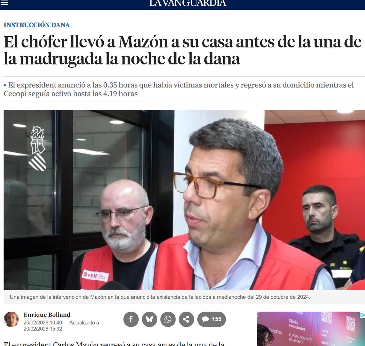 "Noche eterna por delante. Ya están apareciendo muertos en Utiel y van a aparecer bastantes más. Un puto desastre va a ser esto, presi", dijo Mazón a las 23:25 h.
A las 00:35 h,compareció en À Punt y a la 1 h el chófer le llevó a su casa.
Así de eterna se le hizo la noche a Mazón