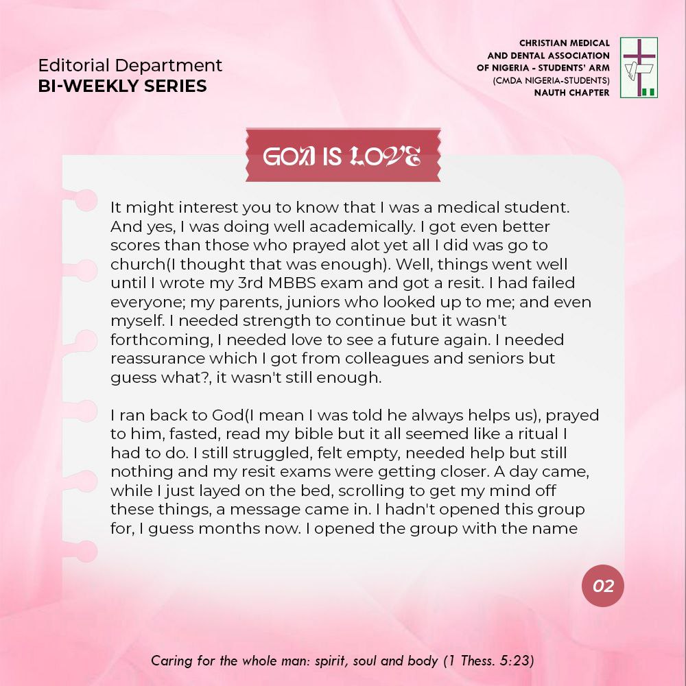cmda_nauth's tweet photo. Love isn’t a mood God falls into; it’s the fabric of His being. 🧵

If we define love by our feelings, it will change every time we have a bad day. But if Love is Who He Is, then Love is as constant as He is.

Swipe through to read more 🤗
#biweeklyseries #cmdanauth #GodisLove https://t.co/jfRwbEVwEa