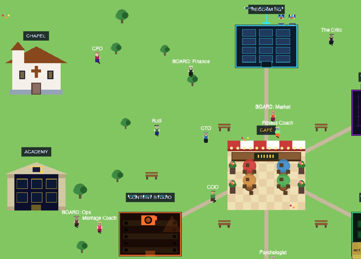Rudijr's tweet photo. I built a pixel world where my AI agents team lives.

Walk in. Find your advisor. Get a real answer.

OpenClaw powers the whole thing.

→ Each building is a project, walk in and get realtime insights
→ A live billboard showing real metrics
→ Advisors wandering the grounds
→ A café at the center of campus
→ Even a chapel ⛪

It's the most fun thing I've built.

 @Jason I think you will like to see this!

#OpenClaw #AIAgents #AIOps #AIAutomation #AgentAI